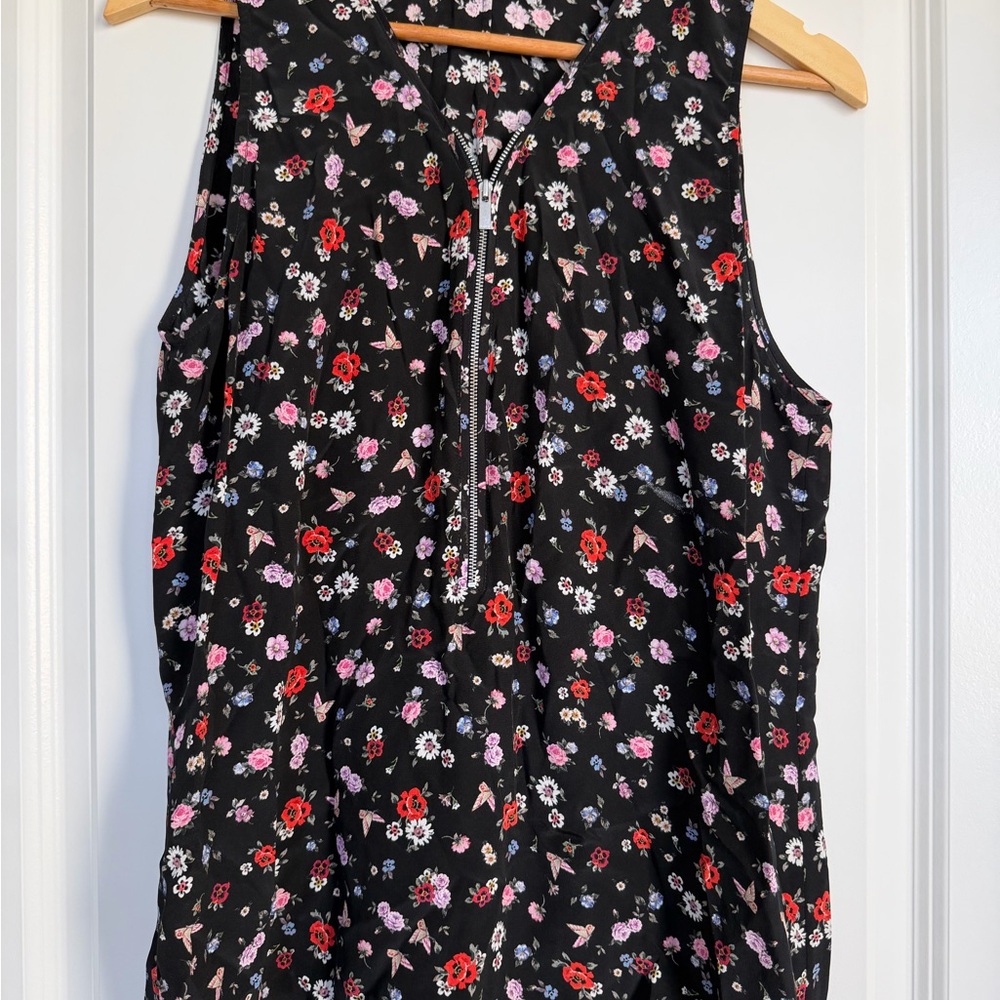 The Kooples Black Floral Zip-Front Blouse